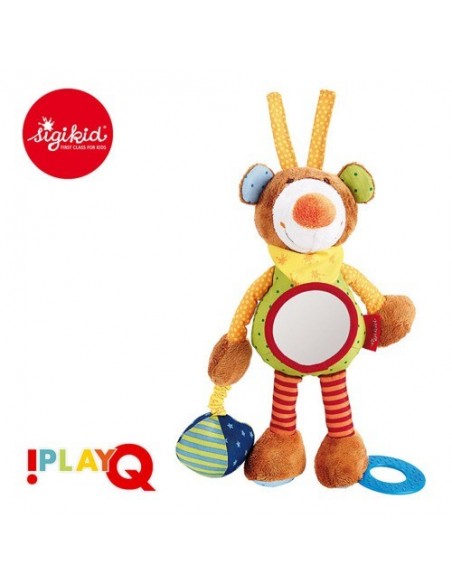 Przytulanka aktywizująca Miś z gryzakiem, lusterkiem, wibracją i szeleszczącą folią 6m+ PlayQ, Sigikid