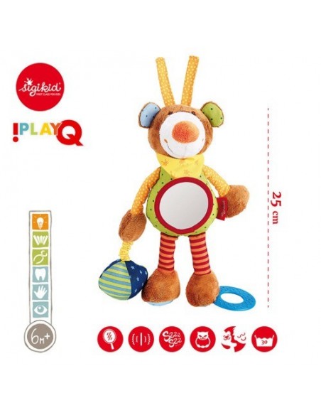 Przytulanka aktywizująca Miś z gryzakiem, lusterkiem, wibracją i szeleszczącą folią 6m+ PlayQ, Sigikid