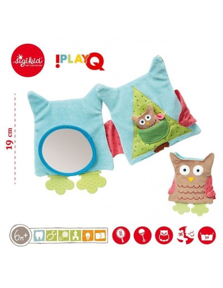 AKTYWIZUJĄCA MIĘKKA KSIĄŻECZKA SÓWKA Z LUSTERKIEM, GRYZAKIEM I GRZECHOTKĄ 6M+ PLAYQ, Sigikid